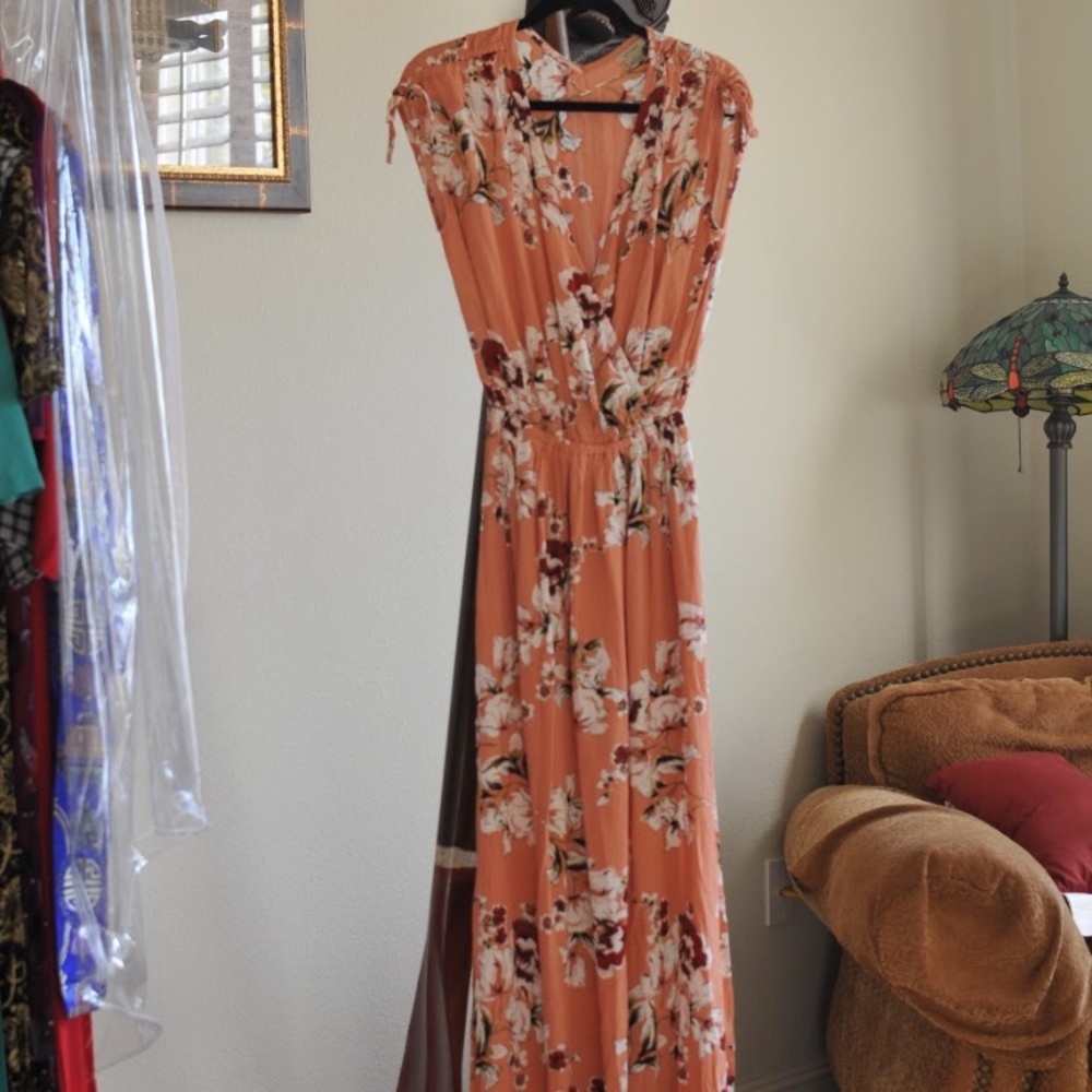Salmon pink floral maxi dress